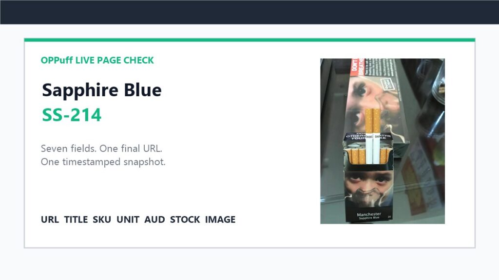 OPPuff live page check graphic with the Sapphire Blue product image, SS-214 and a seven-field browser snapshot